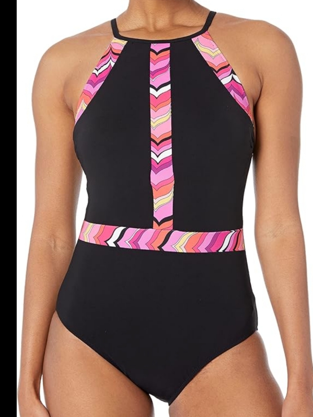 Profile By Gottex Black One-Piece with Pink Chevron Accents
